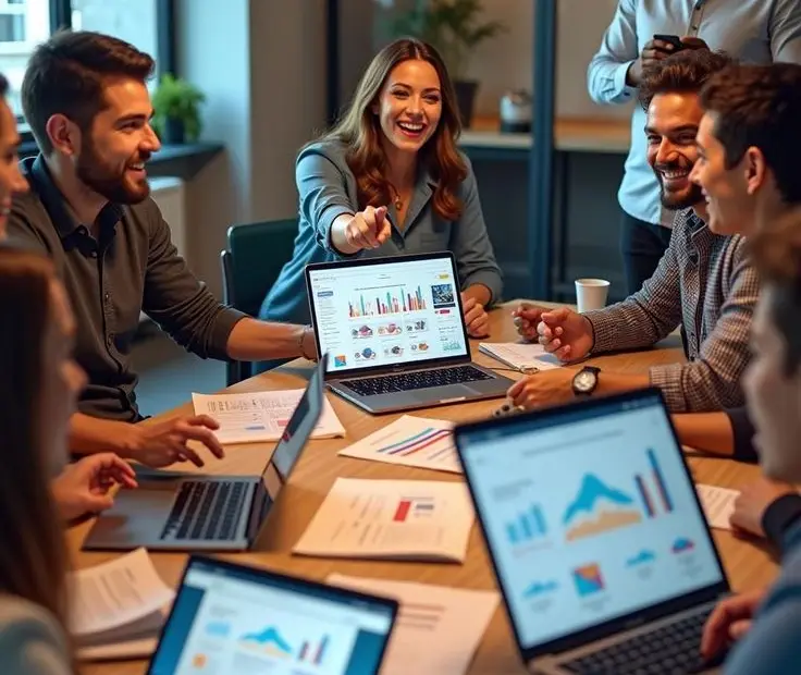 A team planning a marketing campaign together around laptops